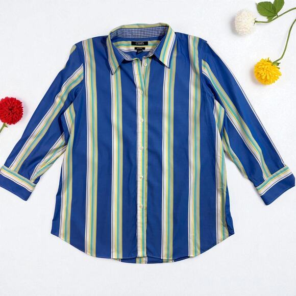 Chaps L Blue Green Yellow Striped Button Up‎ Shirt Gingham Cuff Preppy Coastal - Picture 1 of 10